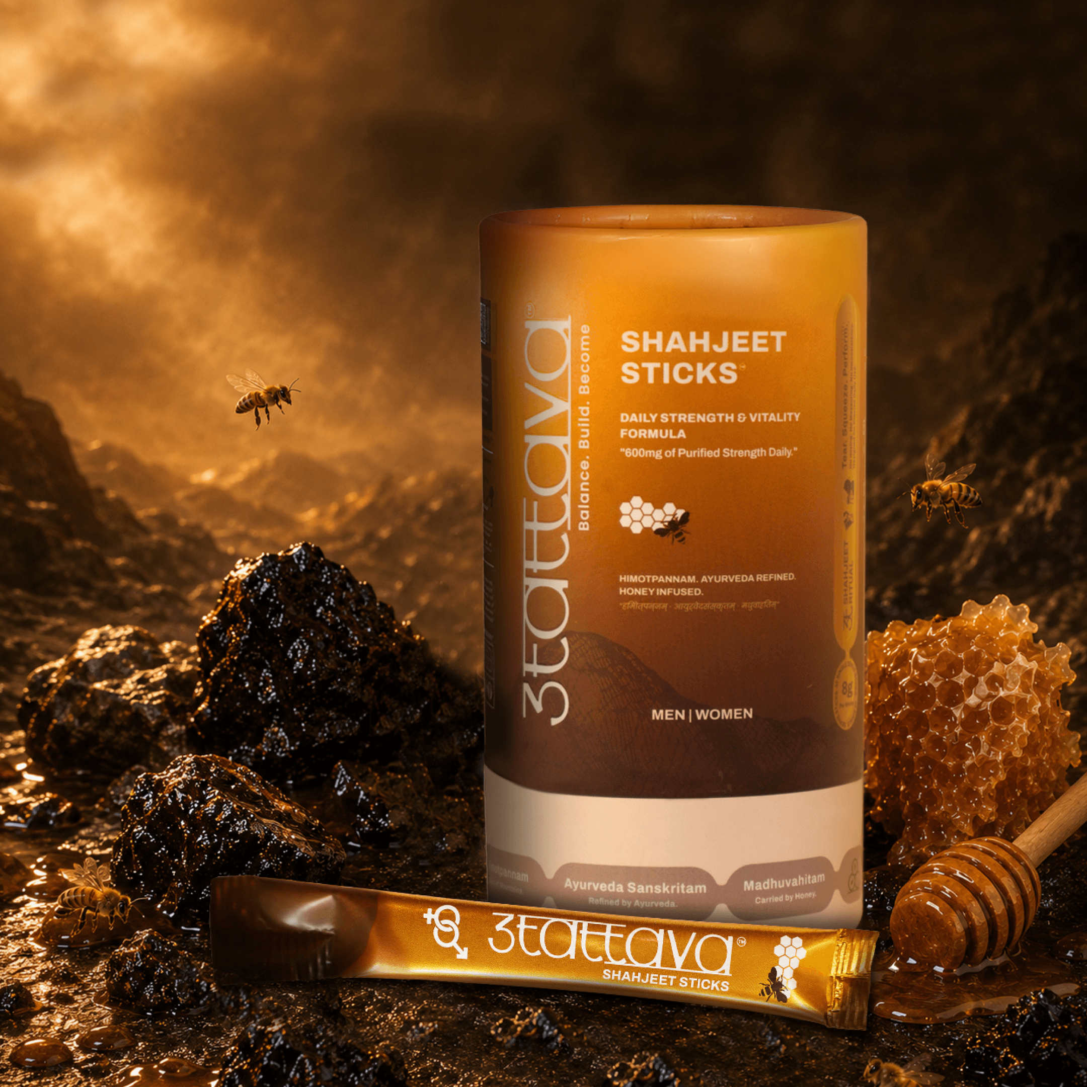 3Tattava Shahjeet Sticks — honey-infused Shilajit jar on a Himalayan honeyscape